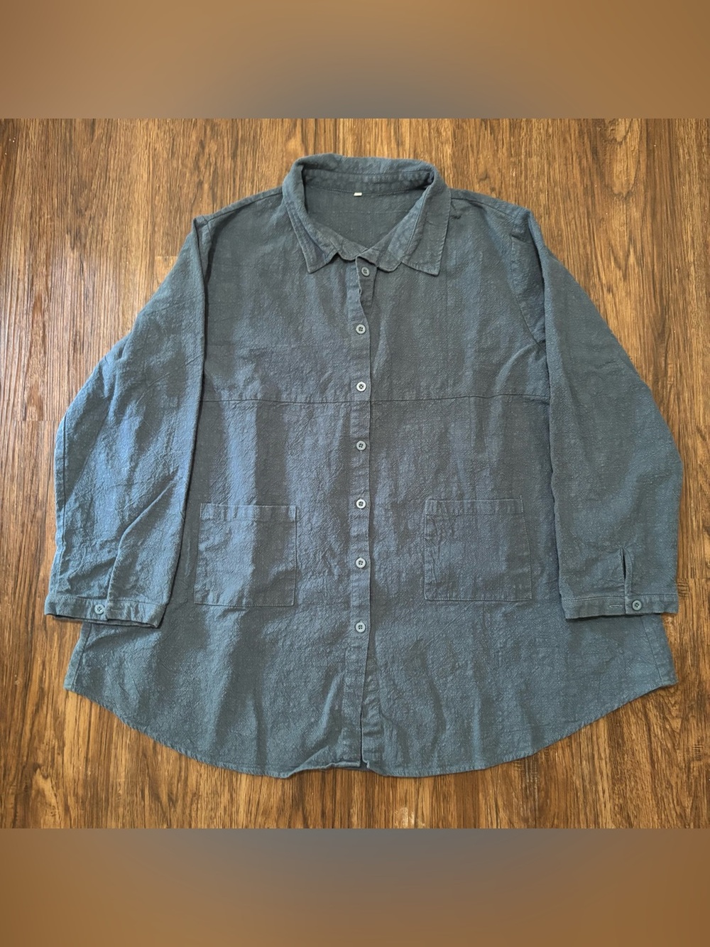 Minibee 1X Blue Gray 100% Linen Textured Oversized Button Up Pocket Shirt